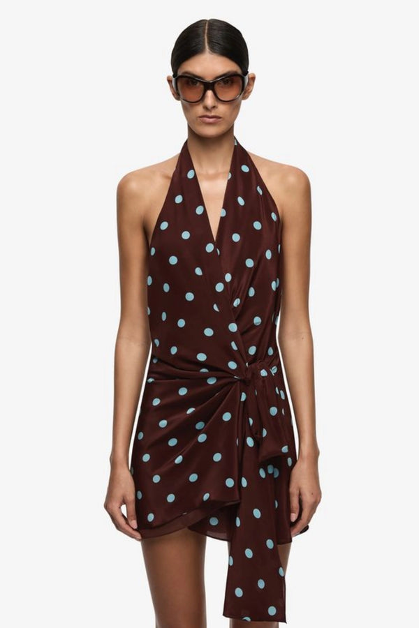 Mathilde Halter Mini Dress Polka Dot by Bec + Bridge – a halter mini with wrap detail and print. Perfect for statement styling.