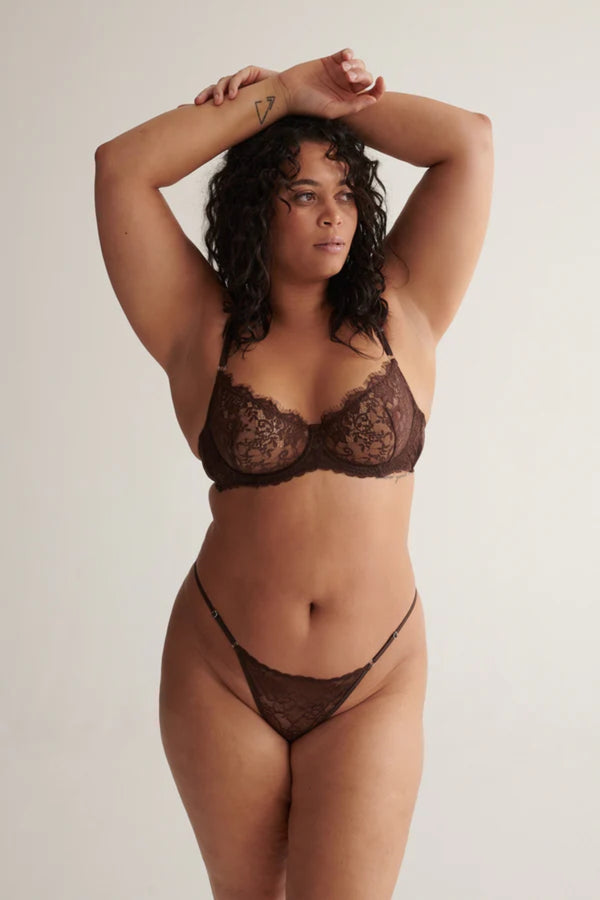 Maverick Underwire Espresso by Kat the Label, delicate eyelash lace bra with silver trims offering effortless comfort, support, and allure.