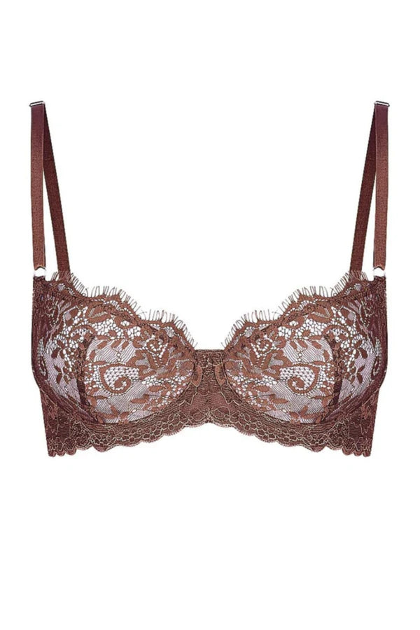 Maverick Underwire Espresso by Kat the Label, delicate eyelash lace bra with silver trims offering effortless comfort, support, and allure.