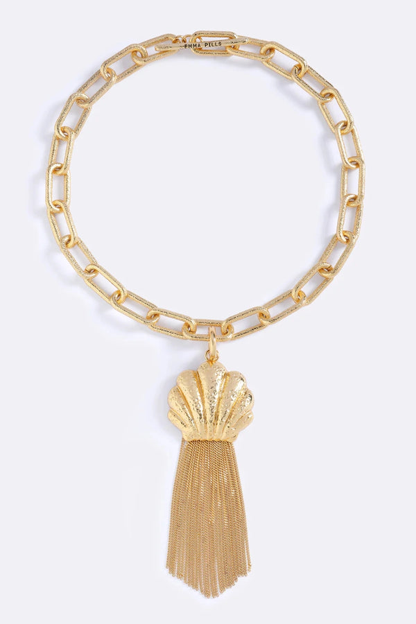 Meet Me In Ibiza Necklace Gold by Emma Pills – 14K gold plated chain necklace with detachable shell charm and fringe detail.