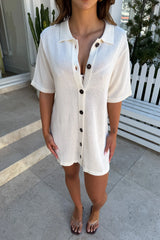 Melissa Knit Mini Dress Ivory by Sneaky Link – a collared button-down knit mini with soft drape. Perfect for easy summer styling.