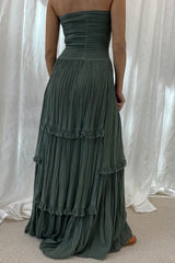 Melita Dress Khaki by D' Artemide – a strapless dress with ruched bodice and tiered skirt. Perfect for beachside styling.