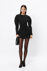 Memento Mini Dress Black by Mossman – structured stretch crepe mini dress with shoulder pads and hourglass silhouette.