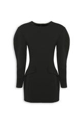 Memento Mini Dress Black by Mossman – structured stretch crepe mini dress with shoulder pads and hourglass silhouette.