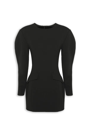 Memento Mini Dress Black by Mossman – structured stretch crepe mini dress with shoulder pads and hourglass silhouette.