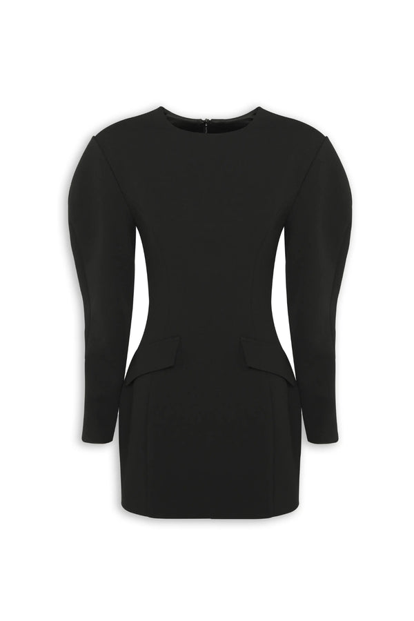 Memento Mini Dress Black by Mossman – structured stretch crepe mini dress with shoulder pads and hourglass silhouette.