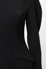Memento Mini Dress Black by Mossman – structured stretch crepe mini dress with shoulder pads and hourglass silhouette.