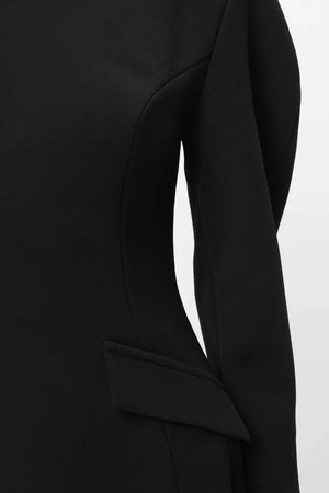 Memento Mini Dress Black by Mossman – structured stretch crepe mini dress with shoulder pads and hourglass silhouette.