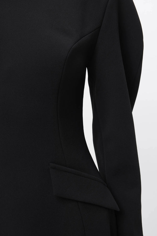 Memento Mini Dress Black by Mossman – structured stretch crepe mini dress with shoulder pads and hourglass silhouette.