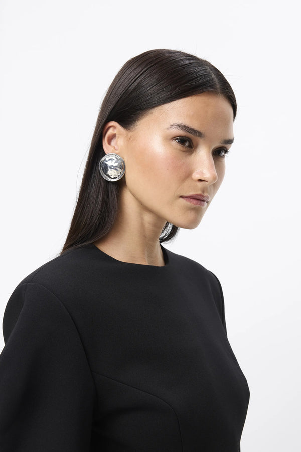 Memento Mini Dress Black by Mossman – structured stretch crepe mini dress with shoulder pads and hourglass silhouette.