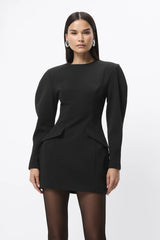 Memento Mini Dress Black by Mossman – structured stretch crepe mini dress with shoulder pads and hourglass silhouette.