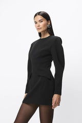 Memento Mini Dress Black by Mossman – structured stretch crepe mini dress with shoulder pads and hourglass silhouette.
