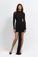 Mercedes Mini in Chocolate by Effie Kats, a feminine stretch mesh mini with high neckline, long sleeves, and ruched detailing for a flattering, elegant look.