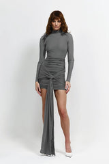 Mercedes Mini in Grey by Effie Kats, a feminine stretch mesh mini with high neckline, long sleeves, and ruched detailing for a flattering, elegant look.