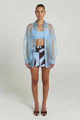 Mercurio Silk Shirt Sky Blue by Summi Summi – oversized silk organza shirt with lightweight drape and button front.