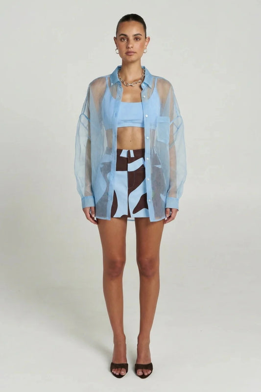 Mercurio Silk Shirt Sky Blue by Summi Summi – oversized silk organza shirt with lightweight drape and button front.