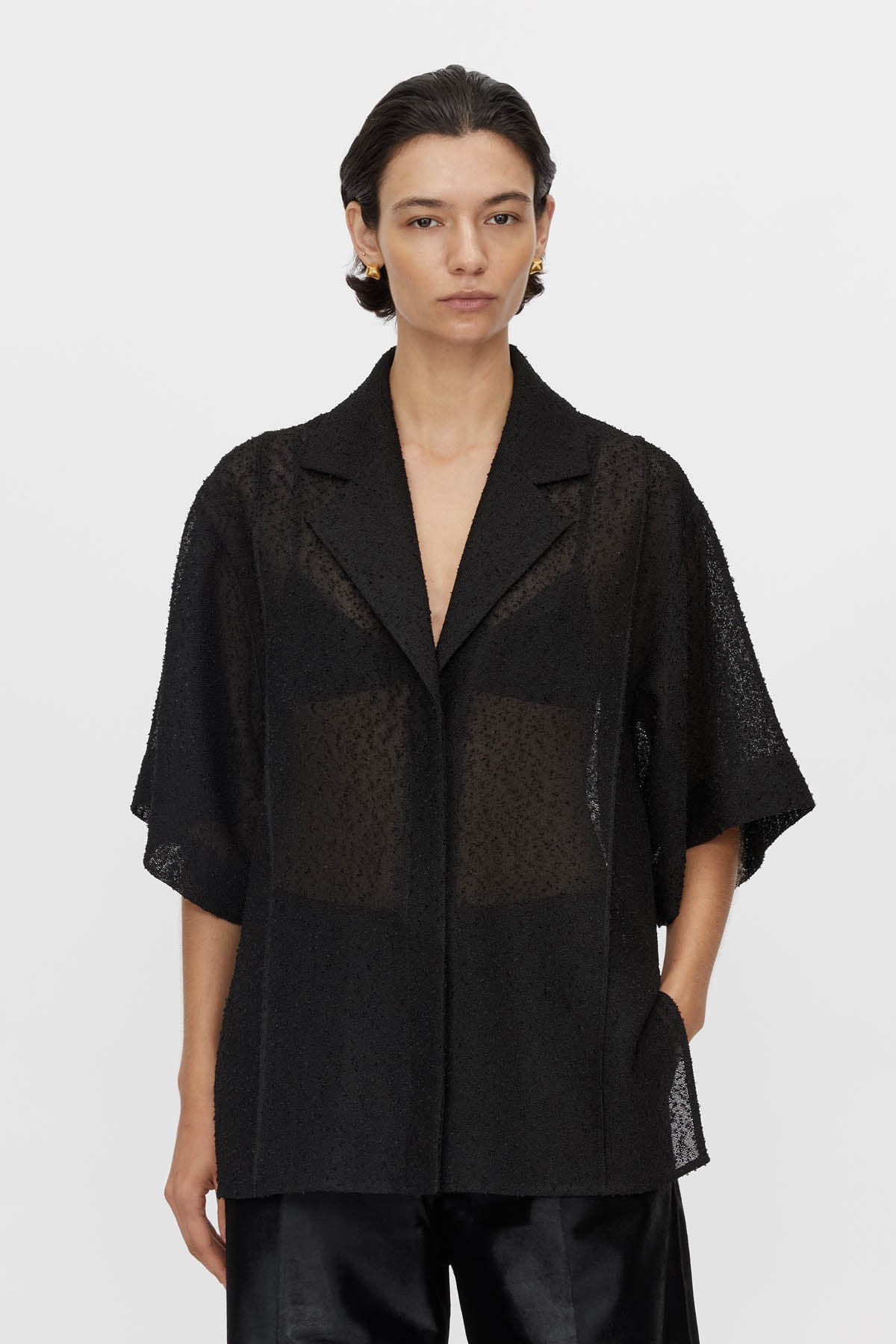 Merle Short Sleeve Shirt by Camilla and Marc in black, relaxed fit with corozo buttons and bouclé-textured finish.
