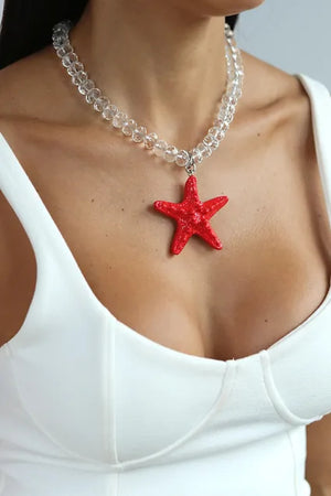 Mermaid Dreams Necklace Red by Shop Julietta, glass bead necklace with red starfish pendant. Perfect for beach styling or summer looks.