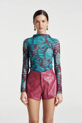 Mesh Long Sleeve Rouched Skivvy Jade Butterfly by Summi Summi – sheer ruched mesh top with signature butterfly print.
