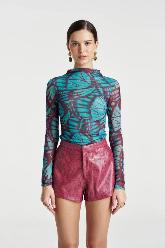 Mesh Long Sleeve Rouched Skivvy Jade Butterfly by Summi Summi – sheer ruched mesh top with signature butterfly print.