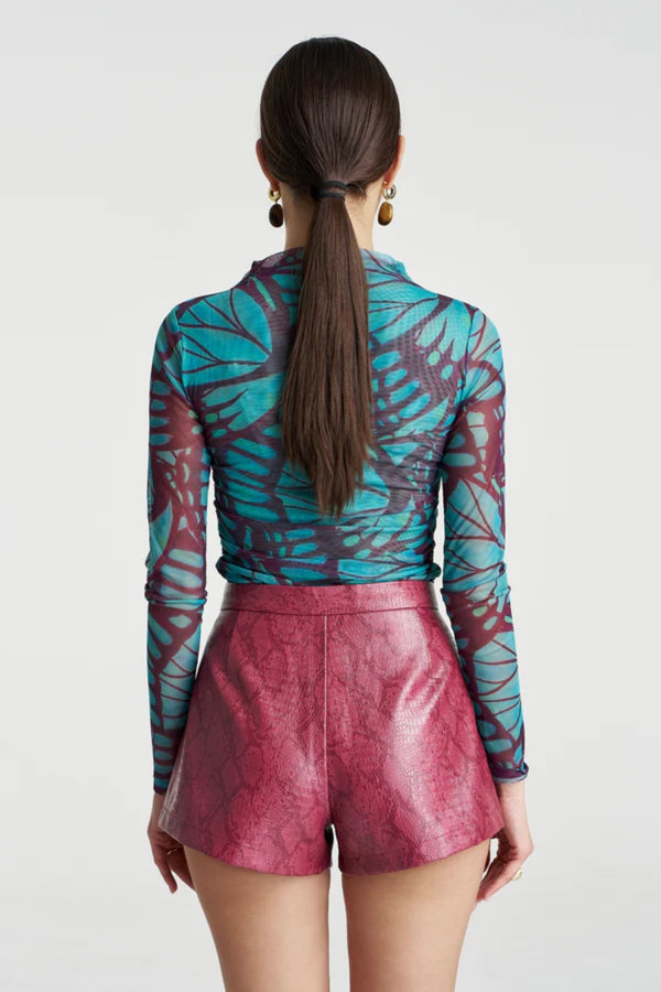 Mesh Long Sleeve Rouched Skivvy Jade Butterfly by Summi Summi – sheer ruched mesh top with signature butterfly print.