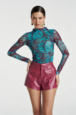 Mesh Long Sleeve Rouched Skivvy Jade Butterfly by Summi Summi – sheer ruched mesh top with signature butterfly print.
