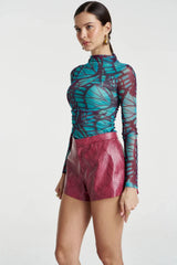 Mesh Long Sleeve Rouched Skivvy Jade Butterfly by Summi Summi – sheer ruched mesh top with signature butterfly print.