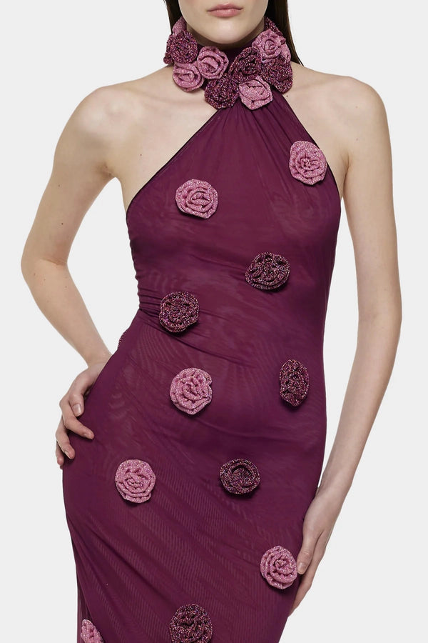 Mesh Rose Asymmetric Dress Purple by Oséree - asymmetric dress with mesh rose detailing and sculpted silhouette, perfect for summer events.