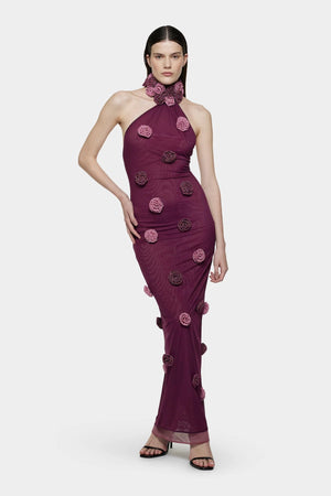 Mesh Rose Asymmetric Dress Purple by Oséree - asymmetric dress with mesh rose detailing and sculpted silhouette, perfect for summer events.