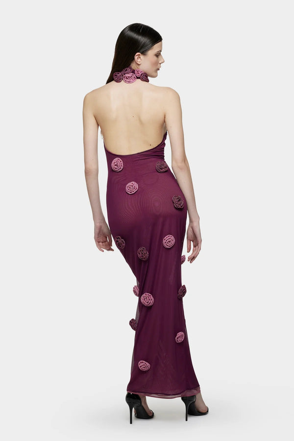 Mesh Rose Asymmetric Dress Purple by Oséree - asymmetric dress with mesh rose detailing and sculpted silhouette, perfect for summer events.