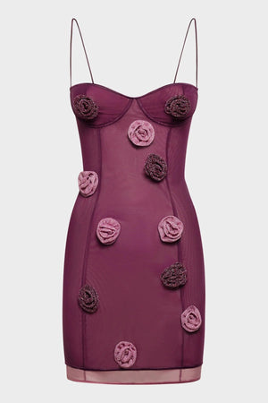 Mesh Rose Balconette Dress Purple by Oséree - fitted dress with balconette neckline and mesh rose detailing, perfect for romantic evening events.