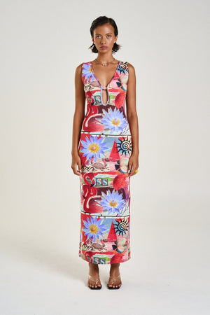 Miami Maxi Dress Dazed Print by Summi Summi – a bodycon maxi with V neckline and keyhole detail. Perfect for statement styling.