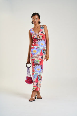 Miami Maxi Dress Dazed Print by Summi Summi – a bodycon maxi with V neckline and keyhole detail. Perfect for statement styling.