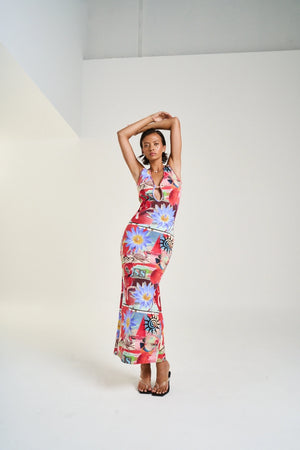 Miami Maxi Dress Dazed Print by Summi Summi – a bodycon maxi with V neckline and keyhole detail. Perfect for statement styling.