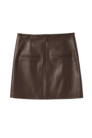 Micro Mini Skirt Chocolate by Ppeached - lamb leather mini skirt with clean fit and back pockets, designed for a sleek modern look.