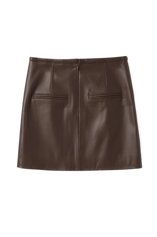 Micro Mini Skirt Chocolate by Ppeached - lamb leather mini skirt with clean fit and back pockets, designed for a sleek modern look.