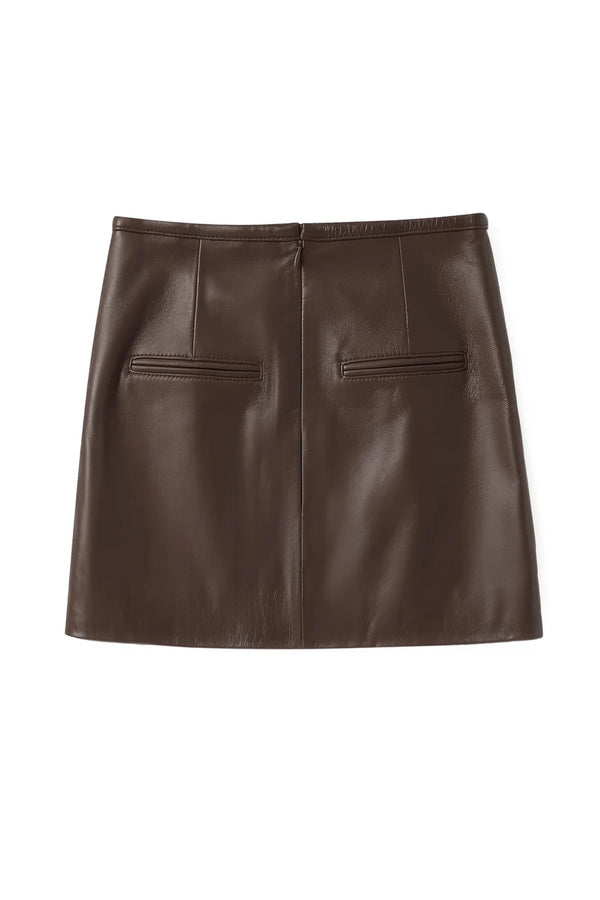 Micro Mini Skirt Chocolate by Ppeached - lamb leather mini skirt with clean fit and back pockets, designed for a sleek modern look.