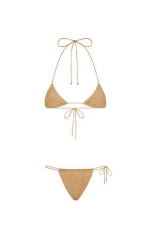 Microkini Lumiere Gold by Oseree, metallic micro bikini with shimmering finish. Perfect for beach days or bold swim looks.