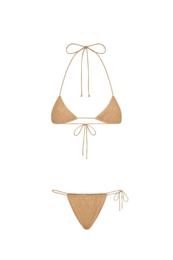 Microkini Lumiere Gold by Oseree, metallic micro bikini with shimmering finish. Perfect for beach days or bold swim looks.