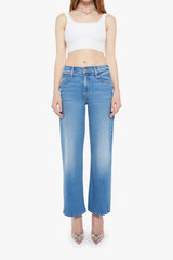 Mid Rise Rambler Zip Ankle in Out Of The Blue by MOTHER, mid-rise jeans with wide straight leg, ankle-length fit, and soft faded blue wash.