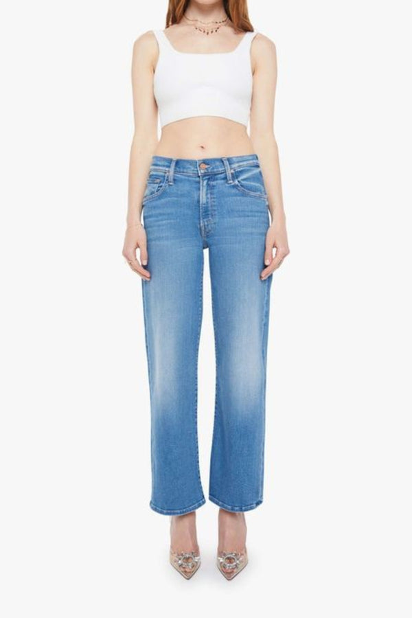 Mid Rise Rambler Zip Ankle in Out Of The Blue by MOTHER, mid-rise jeans with wide straight leg, ankle-length fit, and soft faded blue wash.