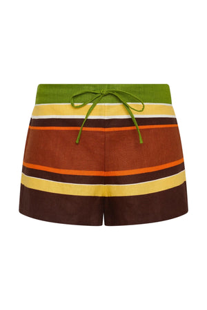 Miel Short Valencia Stripe by Faithfull the Brand - linen mini shorts with stripe print and drawstring waist, designed for a relaxed summer fit.