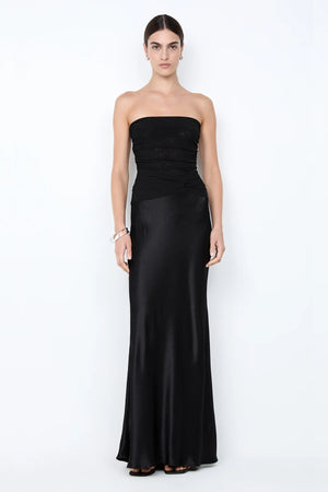 Millah Strapless Dress by Bec + Bridge, a slinky bias-cut maxi with twisted mesh bodice and strapless silhouette for sleek, modern evening elegance.