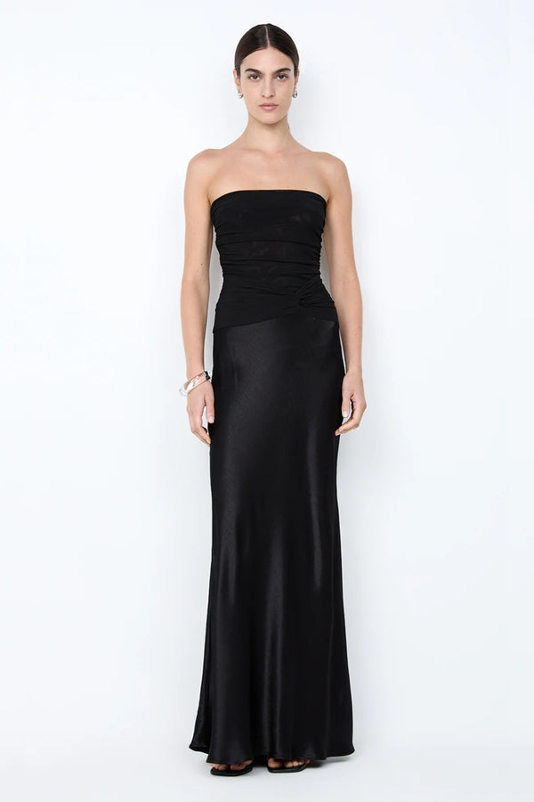 Millah Strapless Dress by Bec + Bridge, a slinky bias-cut maxi with twisted mesh bodice and strapless silhouette for sleek, modern evening elegance.