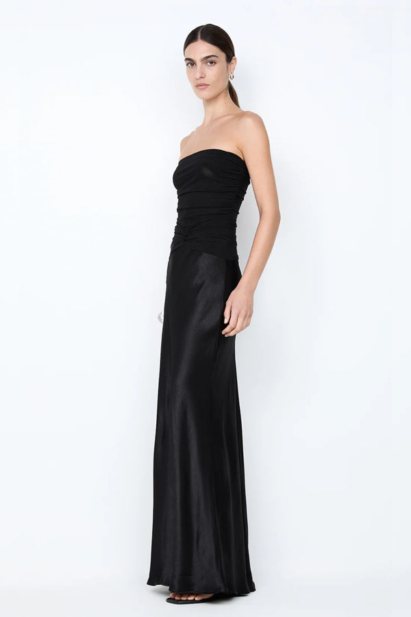 Millah Strapless Dress by Bec + Bridge, a slinky bias-cut maxi with twisted mesh bodice and strapless silhouette for sleek, modern evening elegance.