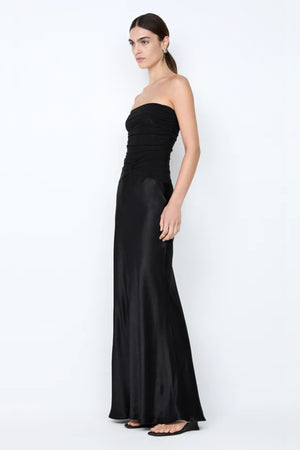 Millah Strapless Dress by Bec + Bridge, a slinky bias-cut maxi with twisted mesh bodice and strapless silhouette for sleek, modern evening elegance.