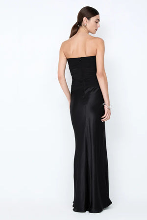 Millah Strapless Dress by Bec + Bridge, a slinky bias-cut maxi with twisted mesh bodice and strapless silhouette for sleek, modern evening elegance.