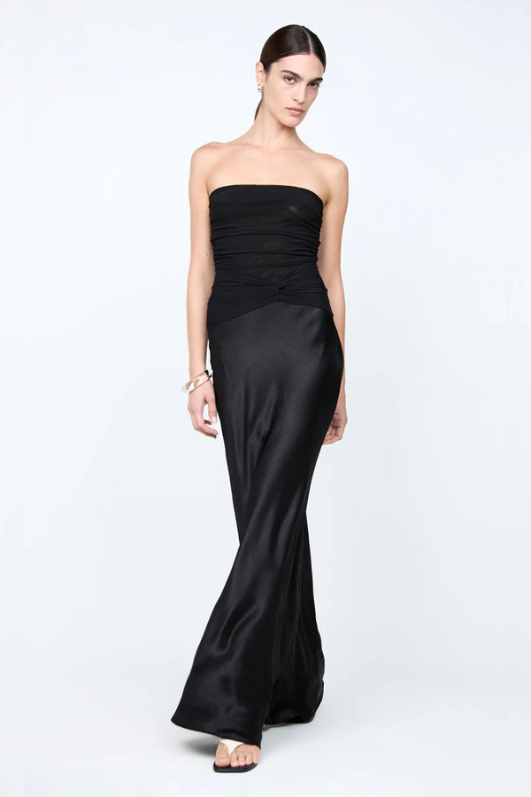 Millah Strapless Dress by Bec + Bridge, a slinky bias-cut maxi with twisted mesh bodice and strapless silhouette for sleek, modern evening elegance.