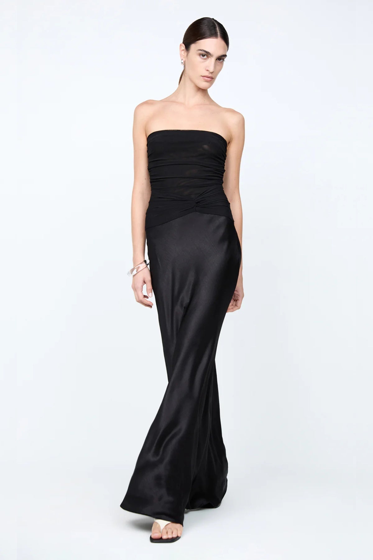 Millah Strapless Dress by Bec + Bridge, a slinky bias-cut maxi with twisted mesh bodice and strapless silhouette for sleek, modern evening elegance.