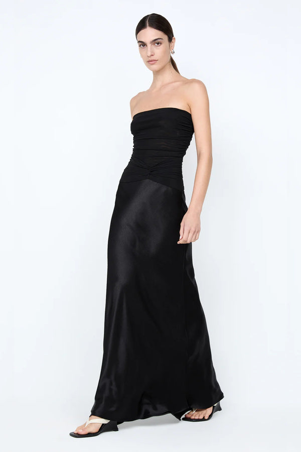 Millah Strapless Dress by Bec + Bridge, a slinky bias-cut maxi with twisted mesh bodice and strapless silhouette for sleek, modern evening elegance.